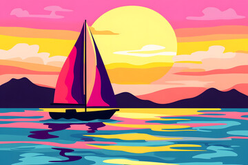 Fototapeta premium illustration of sailboat on the sea , sunset.