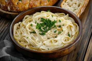 Creamy fettuccine Alfredo served on rustic wooden table with garlic bread and fresh parsley garnish for cozy dining experience. Generative AI