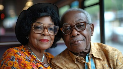 Elderly Afro-American couple enjoying a bus ride together while smiling at the camera in a cozy atmosphere
