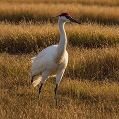 A graceful whooping crane standing in a golden field of tall grass.
