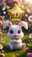 A cute chibi bunny in a sunlit meadow holds a shiny star balloon with 'D', surrounded by flowers, butterflies, and magic.