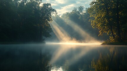 A serene, foggy morning by the lake, with soft sunlight shining through the mist and creating a dreamy atmosphere.