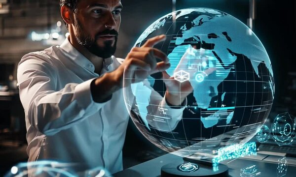 Businessman interacting with a holographic globe in a modern office, showcasing global connectivity