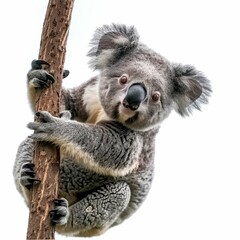 Fototapeta premium Koala climbing a tree with curious expression.