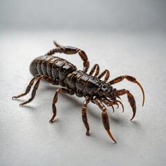 A majestic scorpion with a glossy exoskeleton on a plain white background.