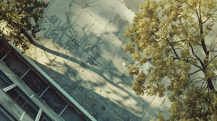 Fototapeta premium Aerial view of autumn leaves scattered on a modern building's surface, showcasing nature's beauty
