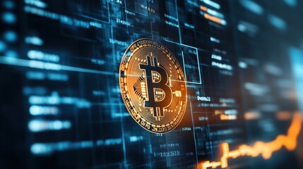 A golden Bitcoin symbol with a futuristic digital matrix backdrop.