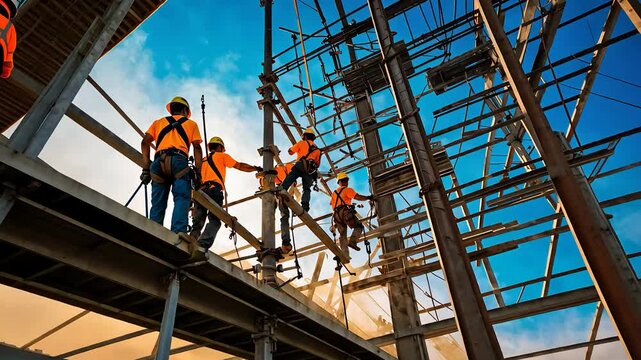 Construction Workers in Safety Gear Working on High Steel Scaffolding at an Industrial Site Under Blue Sky

