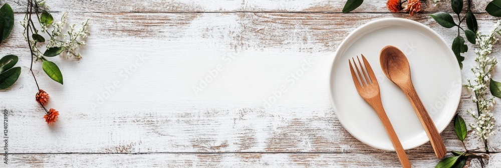 Aufkleber elegant table setting for culinary display featuring wooden utensils and natural decor in intimate d