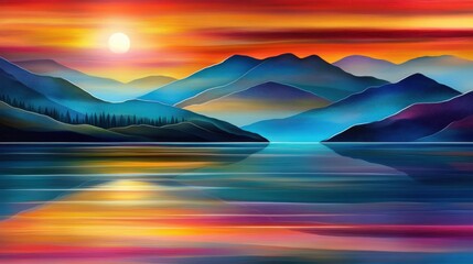 Vibrant Sunset Over Calm Lake and Mountain Landscape Scene