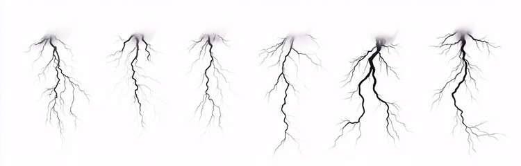 Set of six realistic lightning bolt illustrations on white background