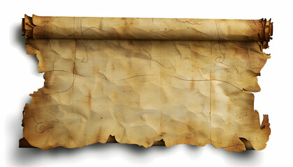 Fototapeta premium Ancient scroll with aged parchment texture, rolled at the edges, set against a white background