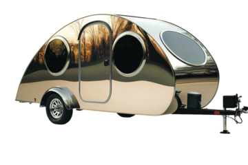 Retro teardrop camper on white, compact travel solution