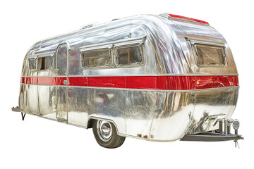 Vintage silver camper on white background, polished metal, red accents