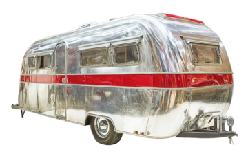 Vintage silver camper on white background, polished metal, red accents