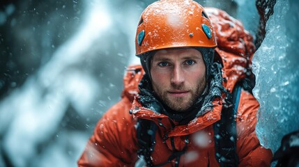 Winter mountain climber navigates icy terrain in snowstorm with focused determination in challenging environment