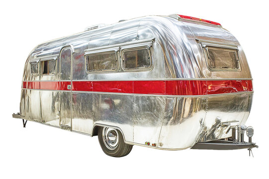 Vintage silver camper on white background, polished metal, red accents