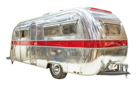 Vintage silver camper on white background, polished metal, red accents