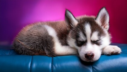 Obraz premium Adorable Siberian Husky Puppy Sleeping Soundly on a Cozy Leather Sofa