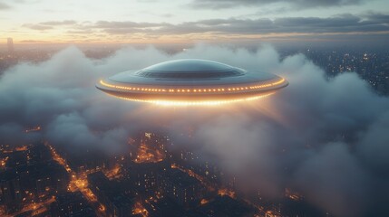 Mysterious spacecraft hovers above a city skyline at dusk, illuminating the clouds with a warm glow