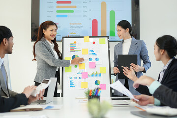 Business team brainstorming for planning strategies, laptop meeting with collaboration to present group project in office.