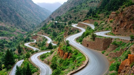 Fototapeta premium Winding Mountain Road Through Lush Green Landscape in Scenic View