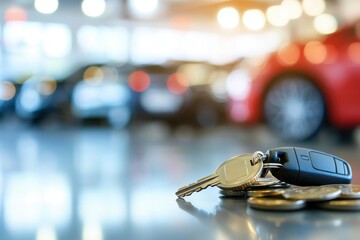 Blurry Car Showroom with Keys and Coins in Focus