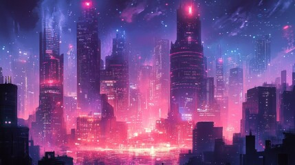 Futuristic city skyline, neon lights, night, stars, digital art, background, website banner