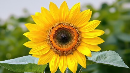 Fototapeta premium Sunflower blooming in field, summer day. Nature background, for greeting cards