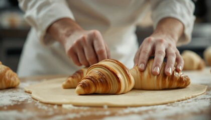 Close-Up View of Baker's Hands Shaping Flaky Croissants on a Wooden Surface with Flour and Soft Lighting