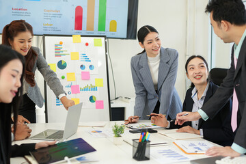 Business team brainstorming for planning strategies, laptop meeting with collaboration to present group project in office.