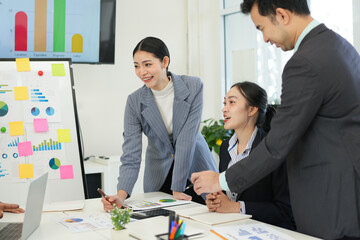 Business team brainstorming for planning strategies, laptop meeting with collaboration to present group project in office.