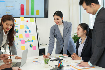 Business team brainstorming for planning strategies, laptop meeting with collaboration to present group project in office.