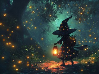 A whimsical character holding a lantern in a dark forest with glowing fireflies