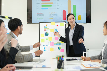 Business team brainstorming for planning strategies, laptop meeting with collaboration to present group project in office.