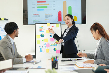 
Business team brainstorming for planning strategies, laptop meeting with collaboration to present group project in office.