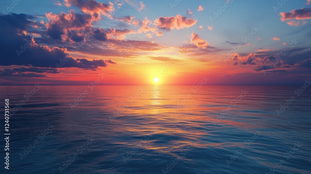 Poster stunning sunset over calm ocean waters with vibrant colors reflecting on the surface at dusk. genera