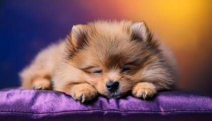 Obraz premium Sleepy Pomeranian Puppy Snuggled on a Stylish Couch with a Vibrant Purple Glow