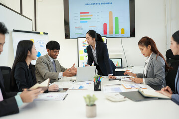 Team of professional business people join hands to brainstorm creative agency business ideas, meetings, presentations, planning, strategies, new business development in modern office company.