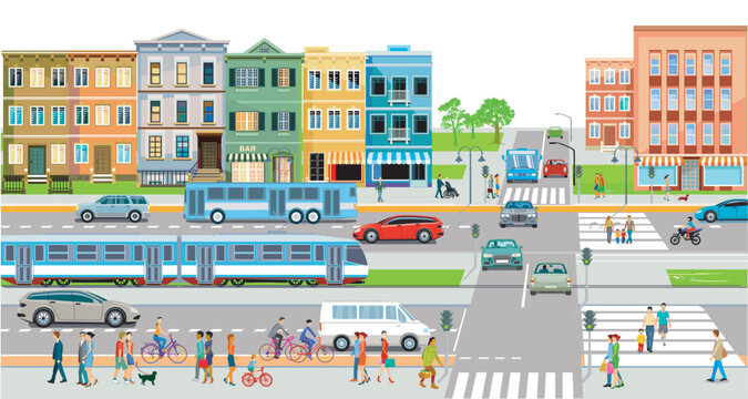 Stadt&uuml;bersicht mit Verkehr und H&auml;usern mit Personen, Illustration, Stadt-Leben.eps