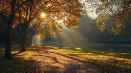 Obraz premium A serene riverside park, with sunlight filtering through trees and creating soft dappled patterns on the ground.