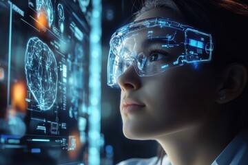 Futuristic Scientist Using Neural Interface in Lab