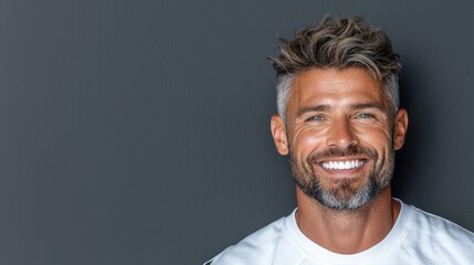 Happy man smiling, gray background, studio portrait, website banner