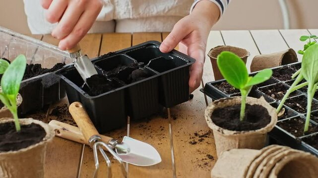 Part 1, instructions for planting seeds at home for seedlings: gardener woman pouring fertile soil into containers for seedlings. Handson gardening with soil and seed trays on wooden table