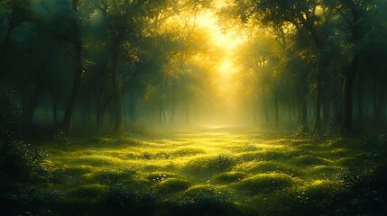 Obraz premium A soft, golden light filtering through a thick forest canopy, illuminating the green moss-covered ground beneath.