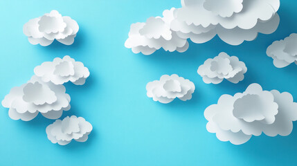 Fototapeta premium White paper clouds float against bright blue background, creating whimsical and serene atmosphere. layered clouds add depth and texture to simple yet artistic composition
