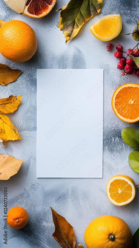 Poster bright and colorful arrangement of fresh fruits and autumn leaves surrounding blank space for text i