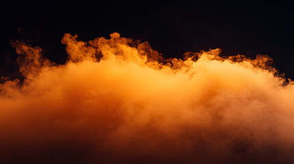 vibrant orange fog or smoke effect swirls against dark black background, creating dramatic and mysterious atmosphere. dense, billowing clouds of smoke appear almost fiery, adding sense of
