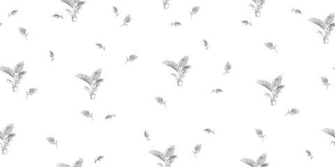 Seamless pattern with houseplants. Indoor plant in pot. Chaotic composition on white background. Vector illustration for wrapping paper, covers, textile print.