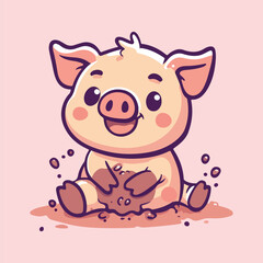 Cartoon Pig Playing in Mud vector illustration